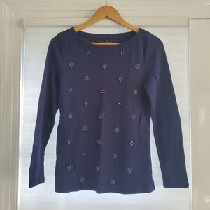 Talbots Womens Beaded Shirt Petite Lg Navy Blue Crystal Snow Crew Neck Pullover